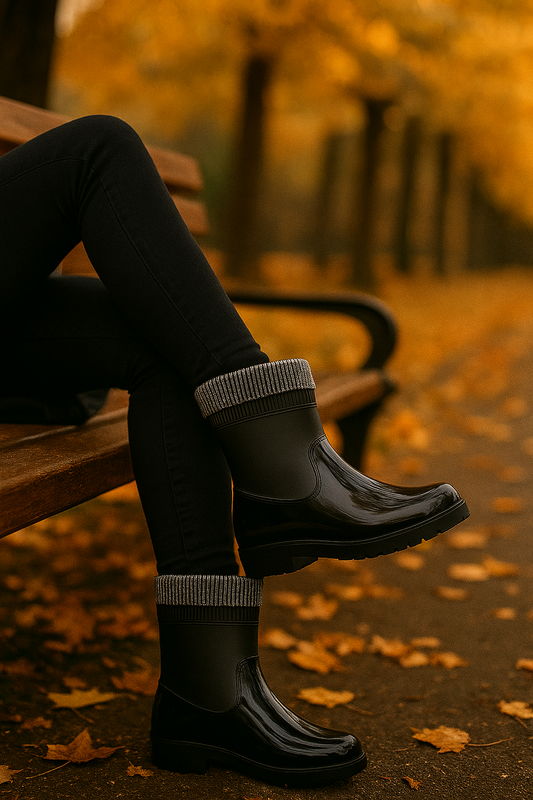 Botas de Agua Brillantes con Puño Glam – Color Negro